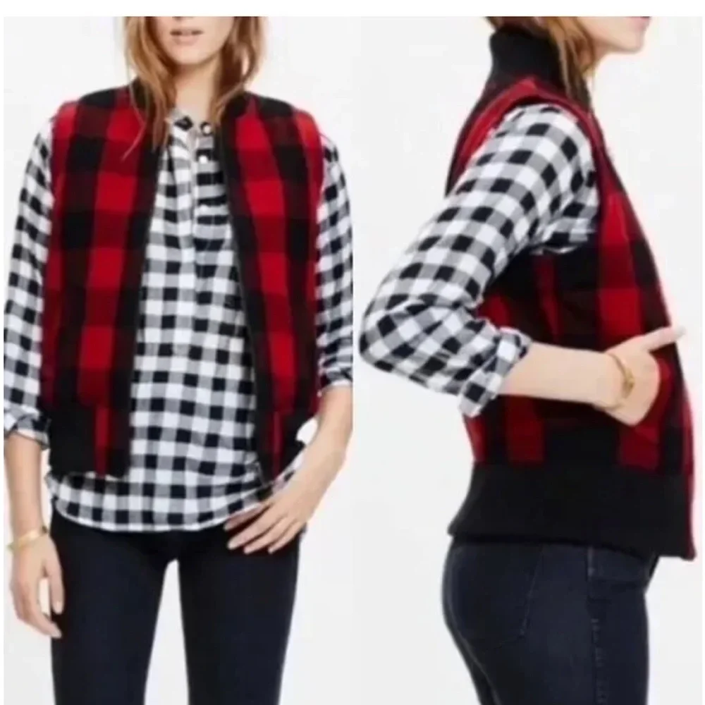 Madewell Wool Buffalo Check Sherpa Fleece Lined Vest Full Zip Knit Collar XL